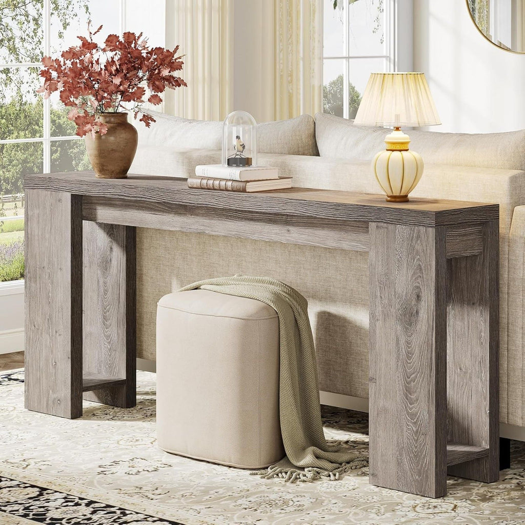 Extra Long Farmhouse Console Table with Solid Wood Construction - Light Brown or Dark Gray