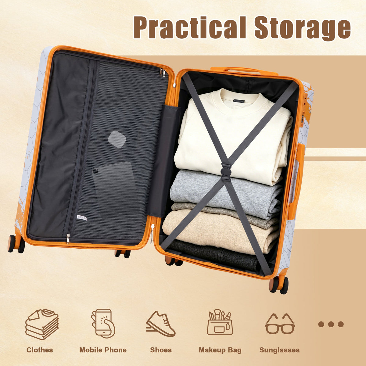 3-Piece Hard Case Luggage Set with Spinner Wheels - Orange
