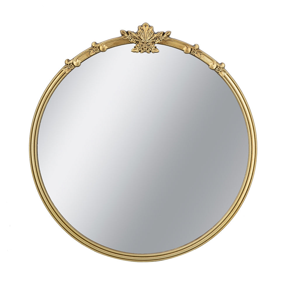 Round Wall Mirror with Decorative Leaf Crest - Gold