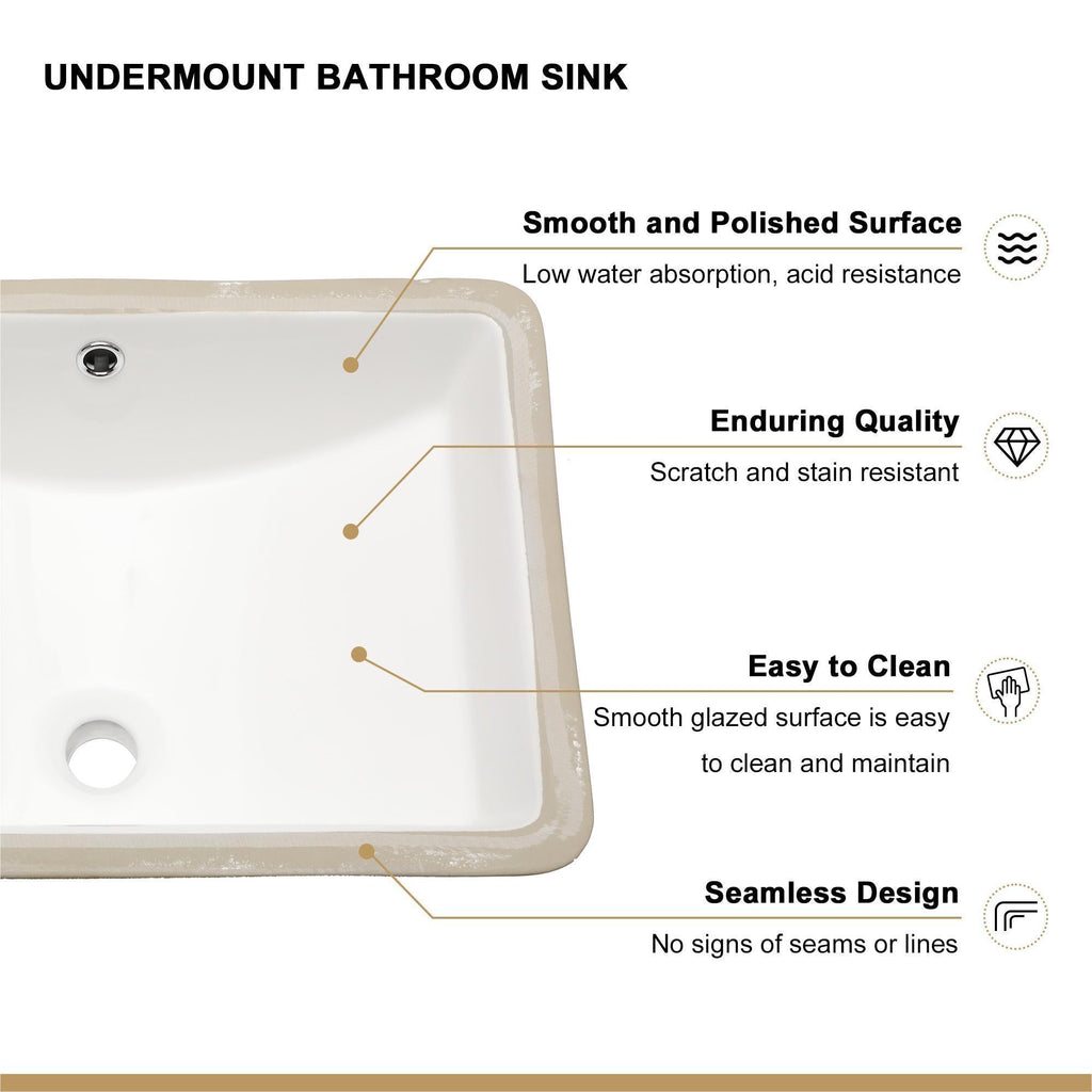 European Style Ceramic Rectangular Undermount Bathroom Sink with Overflow - White