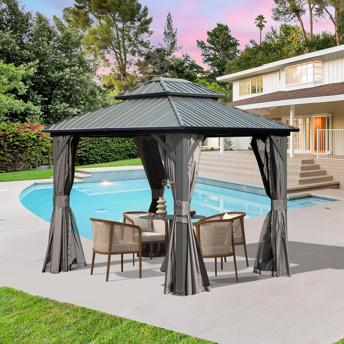 8' x 10' Hardtop Gazebo with Curtains & Netting - Metal, Double Roof