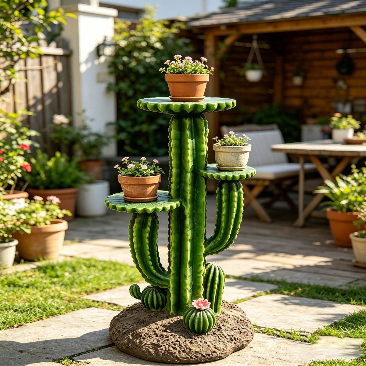 32'' Resin Saguaro Cactus Plant Stand with Three Display Shelves - Green