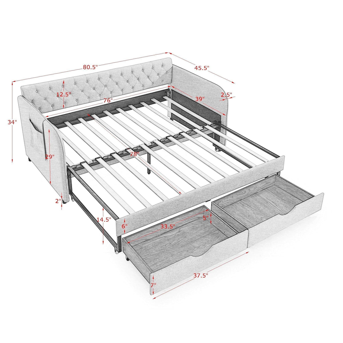 Daybed with Trundle and Storage Drawers - Twin, Fabric Upholstered - Multiple Colors