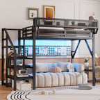 Black Loft Bed with Stairs, Storage Shelf, and LED Lighting