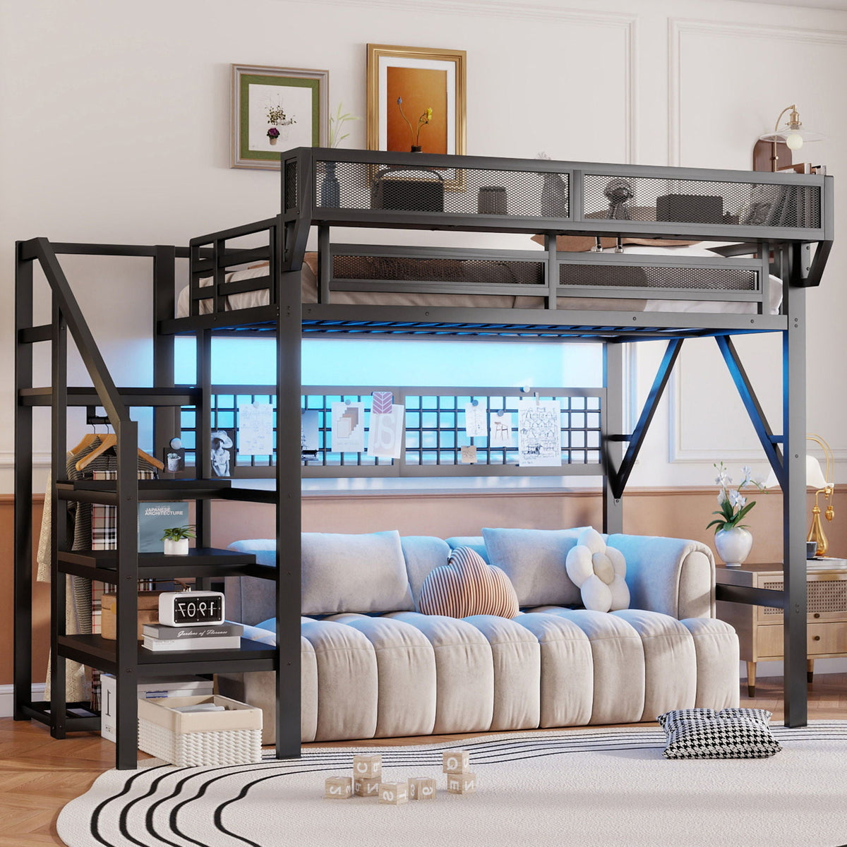 Black Loft Bed with Stairs, Storage Shelf, and LED Lighting