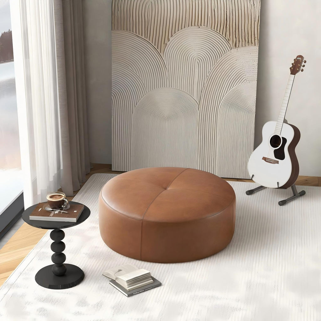 Tan Leather Ottoman with Mid-Century Modern Design - 36" Upholstered Ottoman