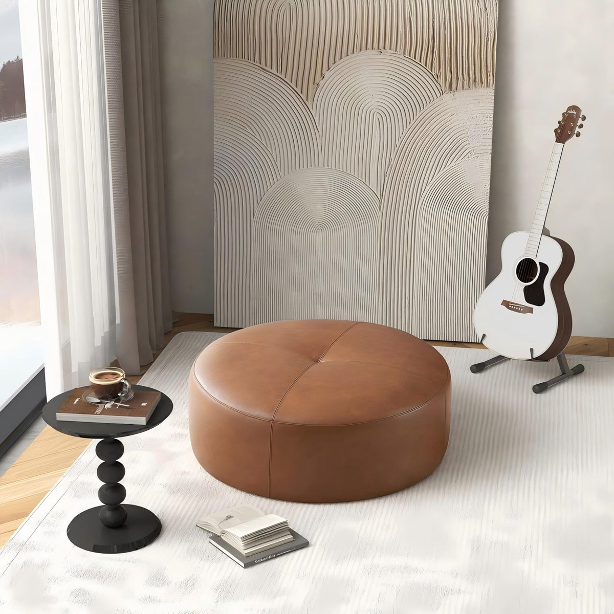 Tan Leather Ottoman with Mid-Century Modern Design - 36" Upholstered Ottoman