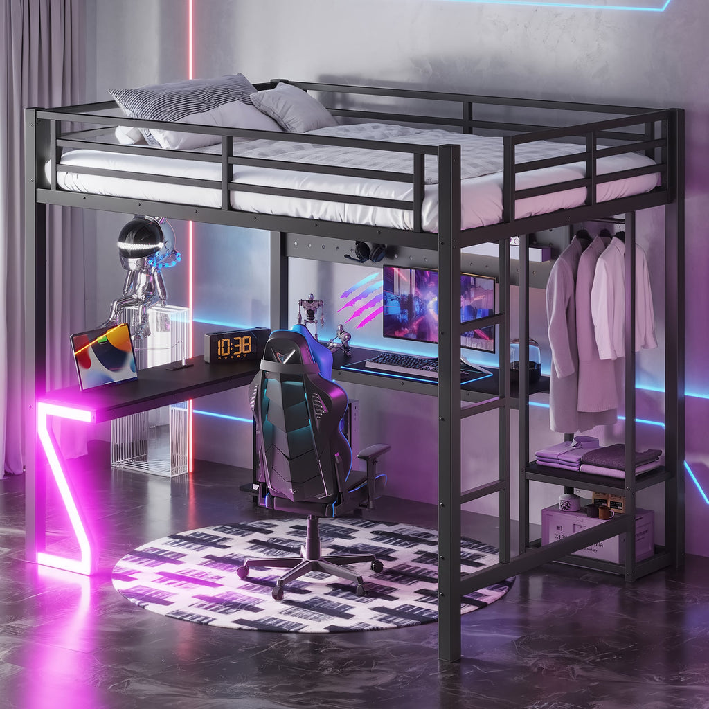Queen Loft Bed with L-Shaped Desk and USB Ports