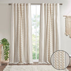 Cotton Printed Curtain Panel with Chenille Stripe - Ivory