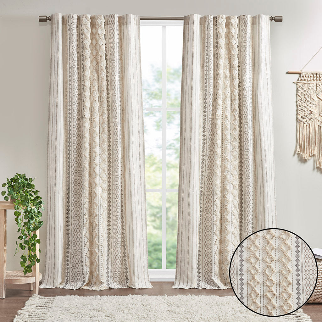 Cotton Printed Curtain Panel with Chenille Stripe - Ivory