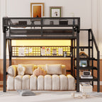 Black Loft Bed with Stairs, Storage Shelf, and LED Lighting
