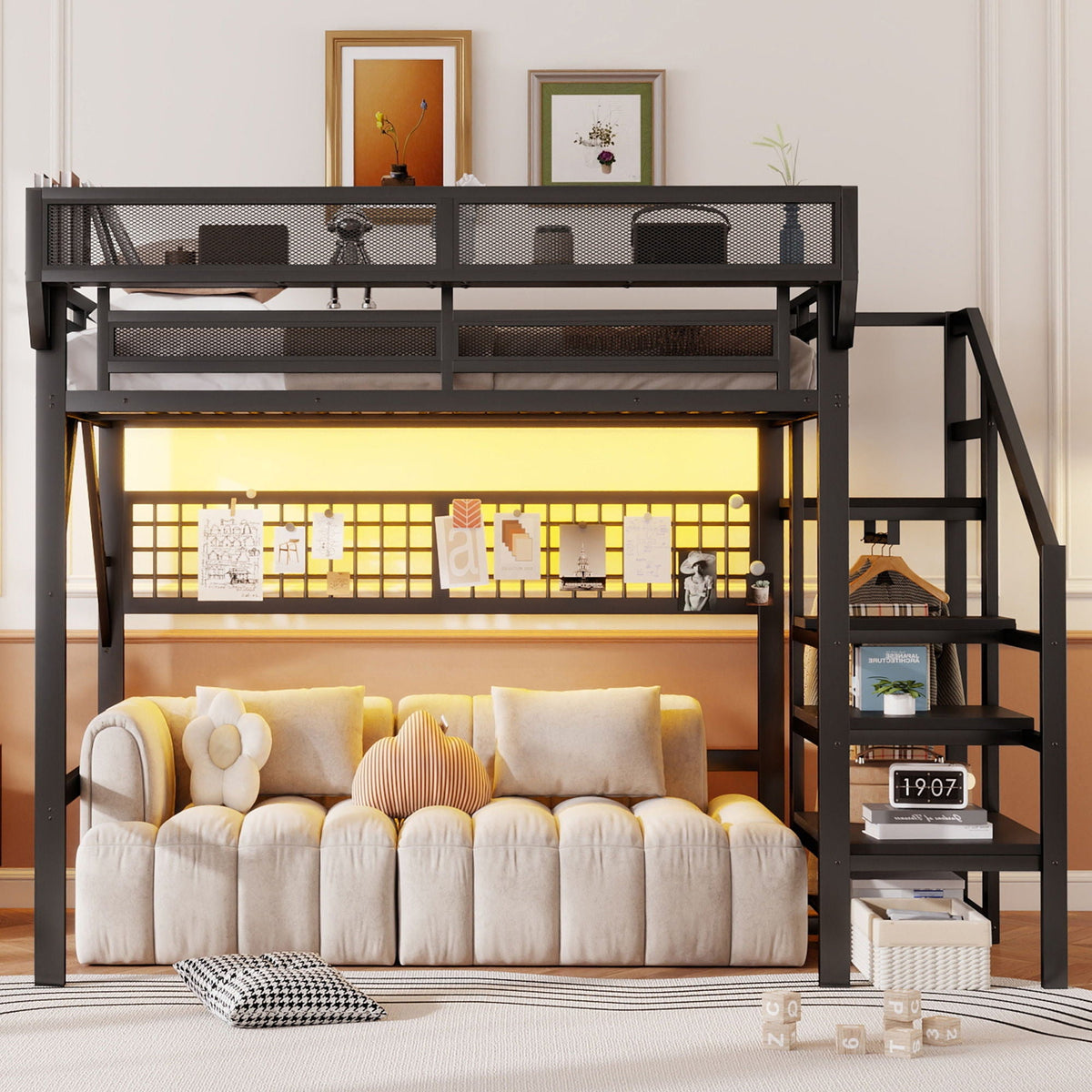 Black Loft Bed with Stairs, Storage Shelf, and LED Lighting