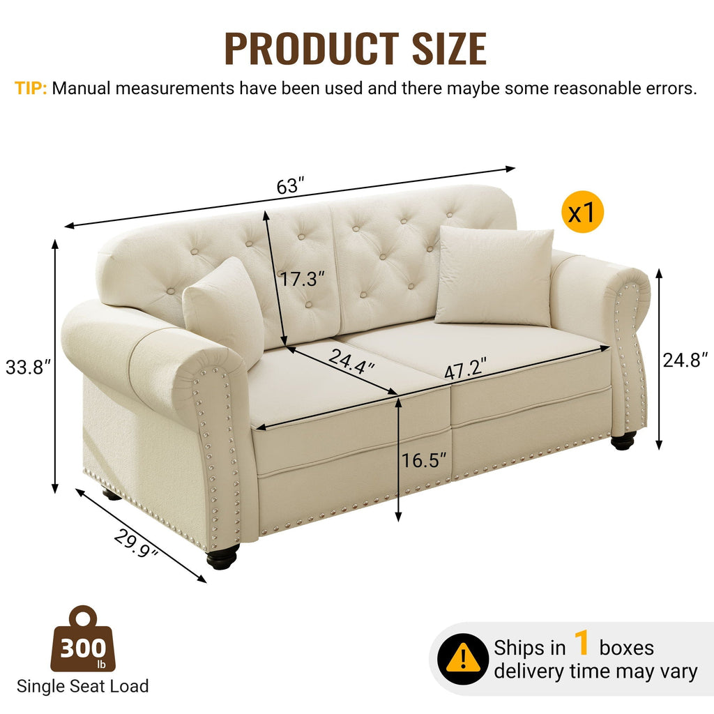 Upholstered Chesterfield Sofa with Nailhead Trim and Rolled Armrests - Fabric