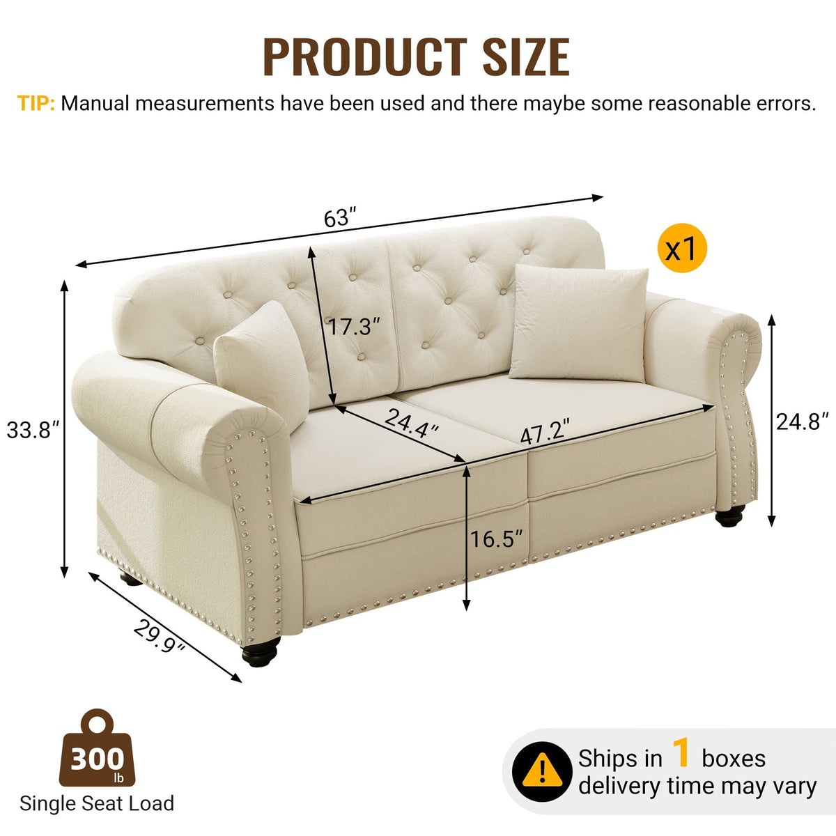 Upholstered Chesterfield Sofa with Nailhead Trim and Rolled Armrests - Fabric
