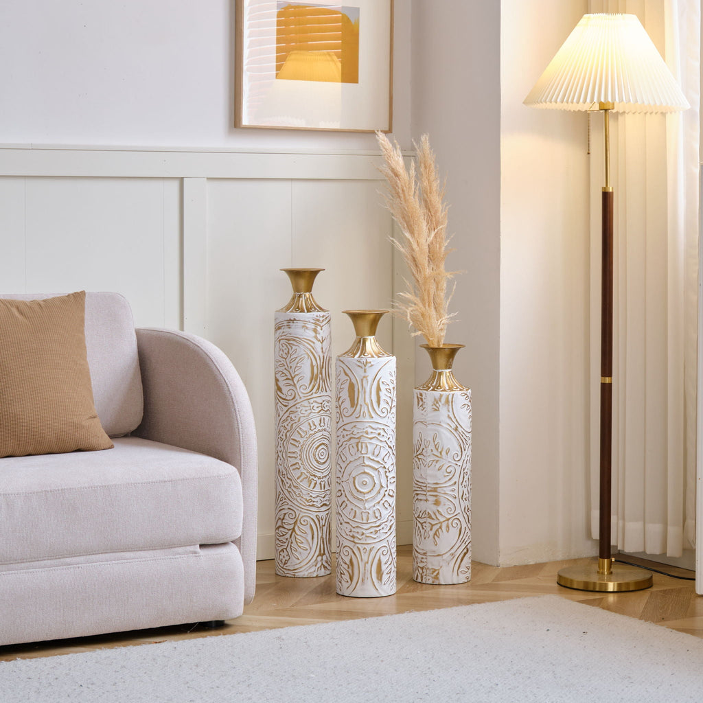 White / Gold Metal Floor Vases Set of 3 with Durable Modern Design