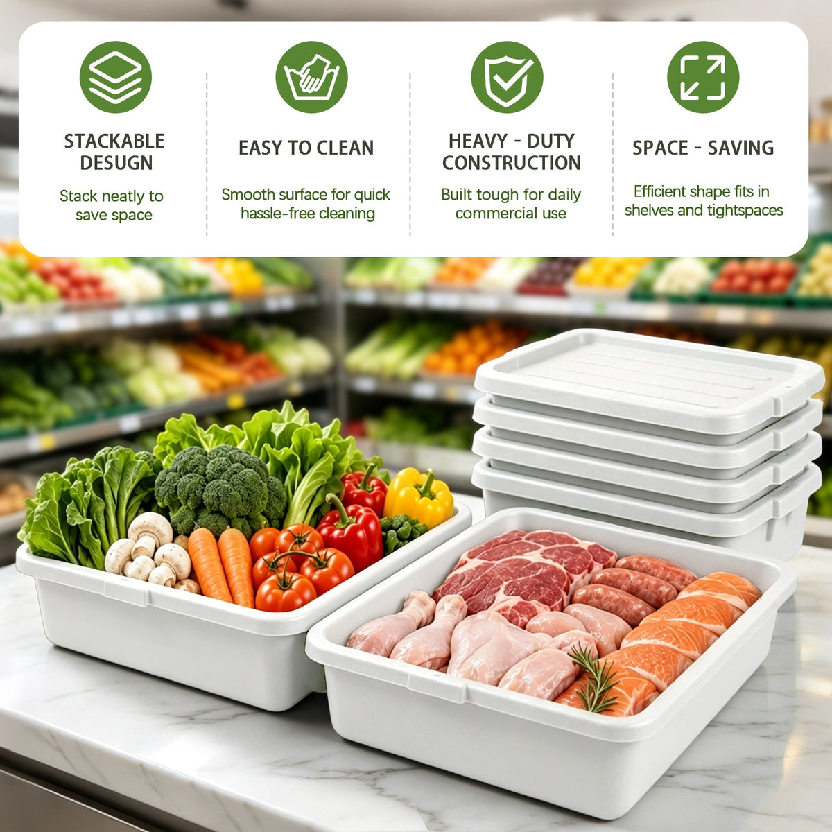 Heavy Duty Commercial Meat Tubs with Lids - 6 Pack