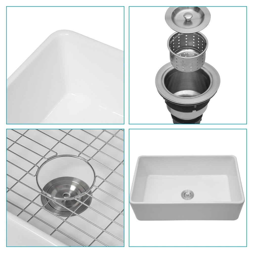 Farmhouse Ceramic Apron Front Single Bowl Kitchen Sink with Durable Design - White or Black