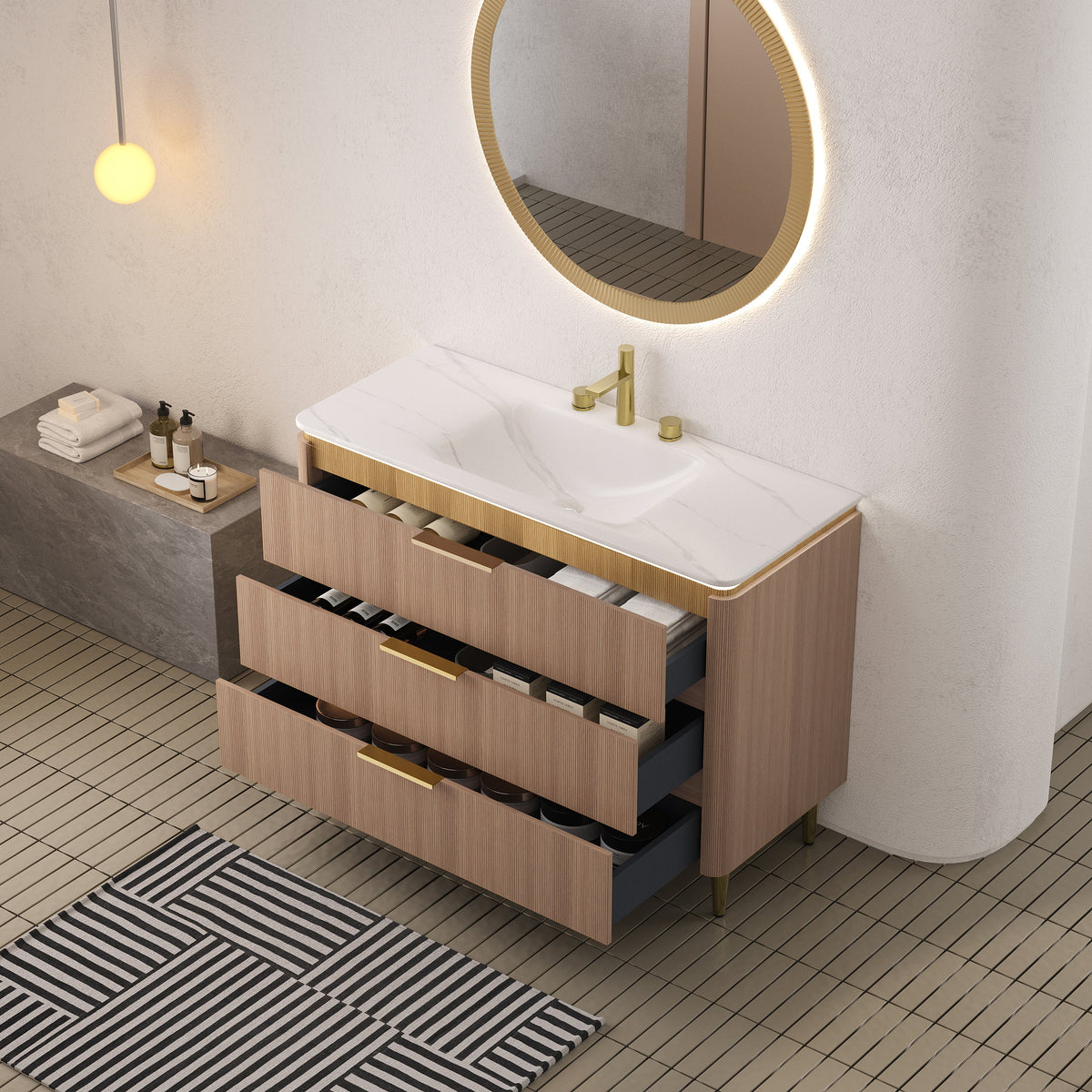 Amara 48'' Bathroom Vanity with Sintered Stone Basin - Carrara White & Light Oak