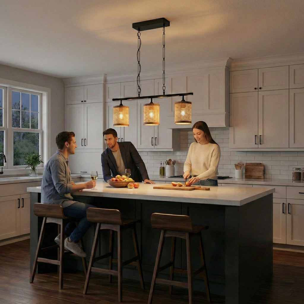 Elysian - 3 Lights Island With Natural Shade Farmhouse Chain Ceiling Lamp