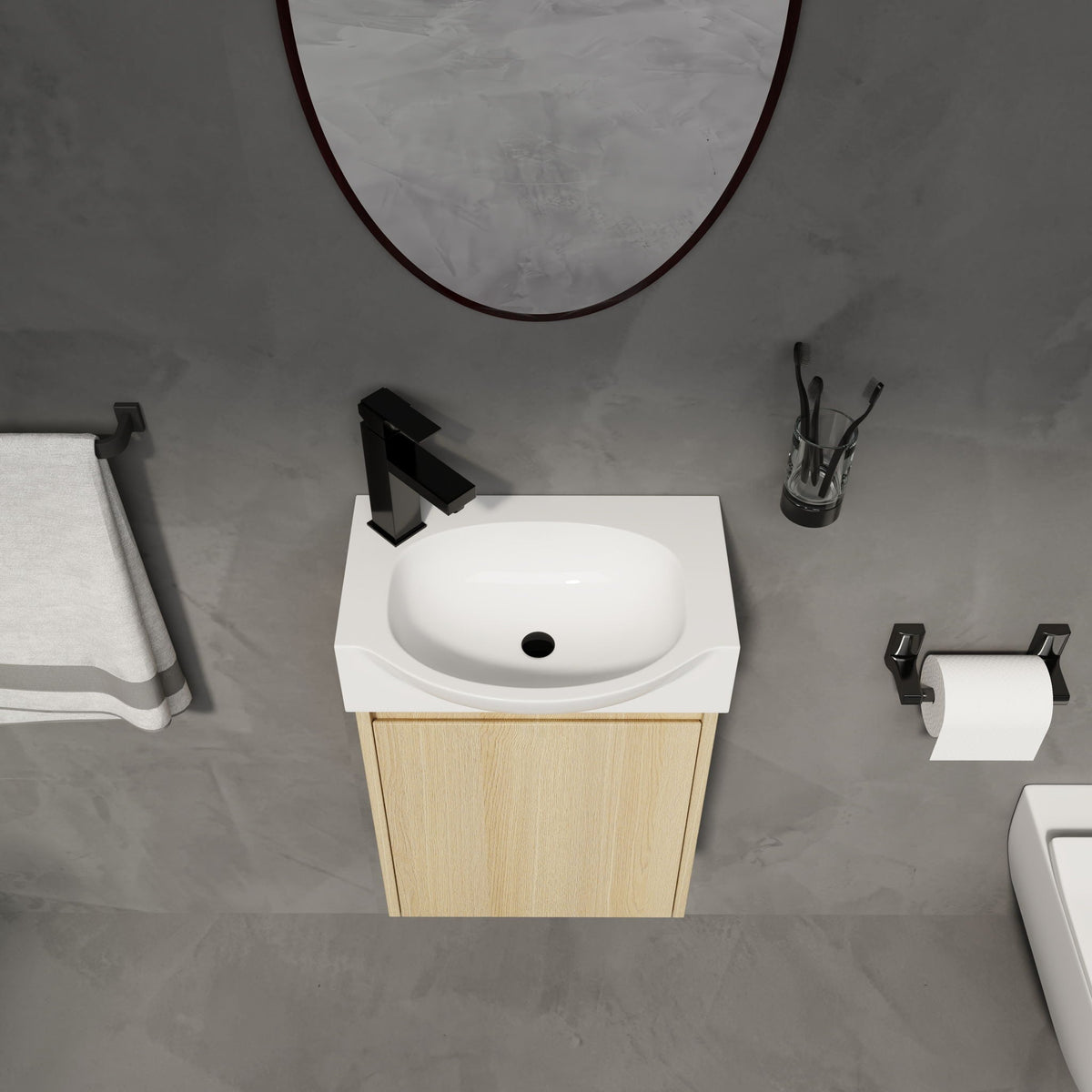 Modern Bathroom Vanity with Ceramic Basin and Storage Cabinet - Light Brown, Black, or White