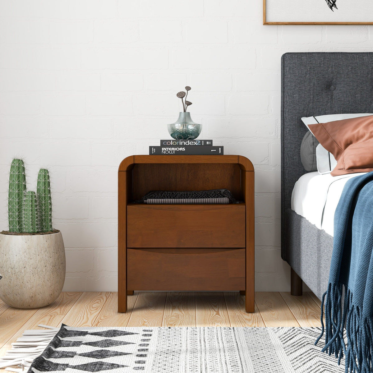 Brown 2-Drawer Nightstand with Solid Wood Construction