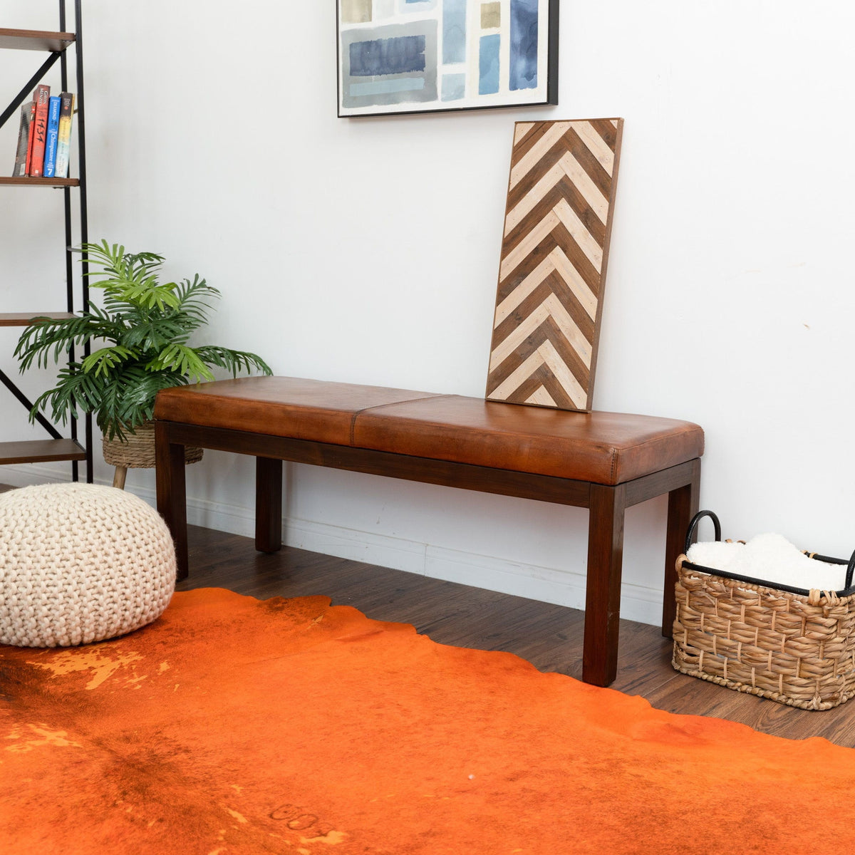 Antique Brown Upholstered Bench with Solid Wood Frame - Brown