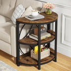3 Tier Half Moon End Table with Space-Saving Semi Circle Design - Deep Rustic Brown