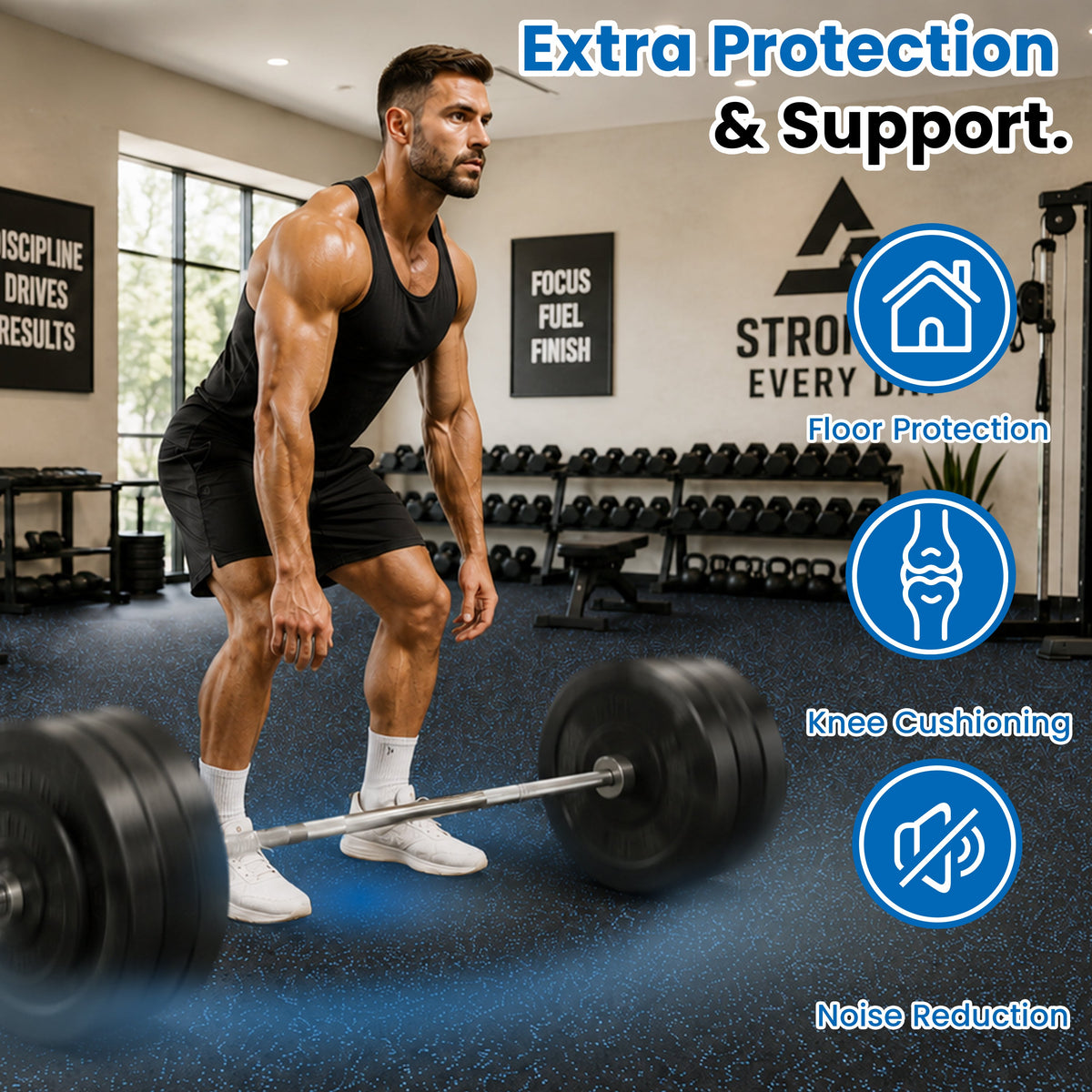 0.6 Inch Thick Gym Floor Mats with Interlocking Design - Black+Blue