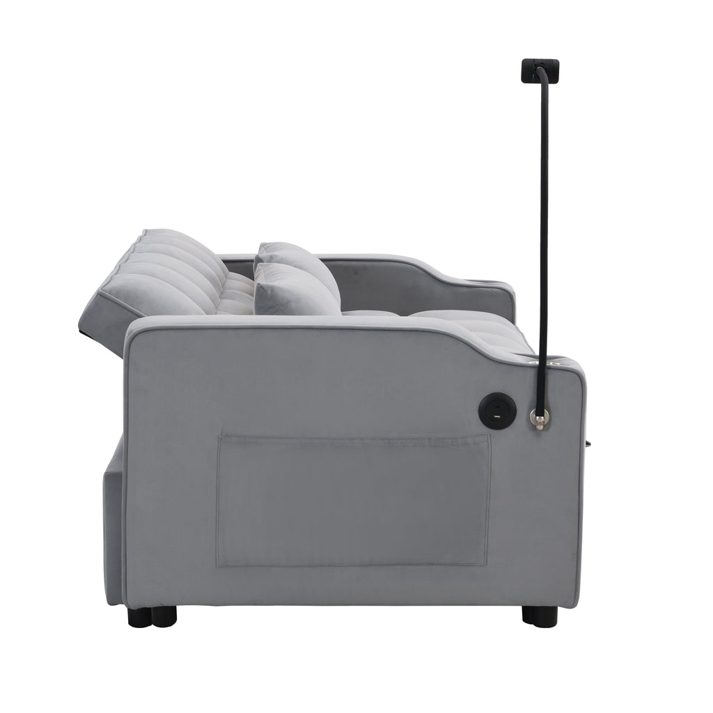 Modern Velvet Sleeper Loveseat with Pullout Bed and USB Ports - Light Gray