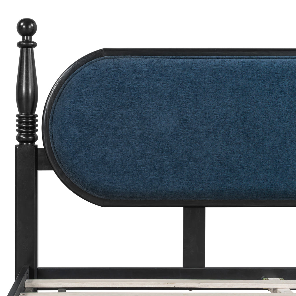 Queen Bed Frame Solid Wood Platform with Upholstered Headboard - Black, Navy Blue