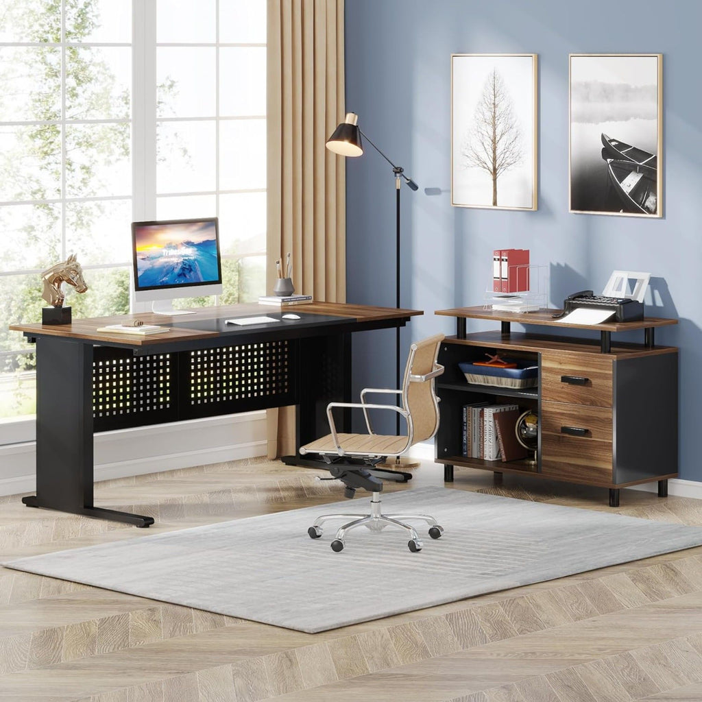 L-Shaped Executive Desk with File Cabinet and Storage Drawers - Light Brown or Dark Gray