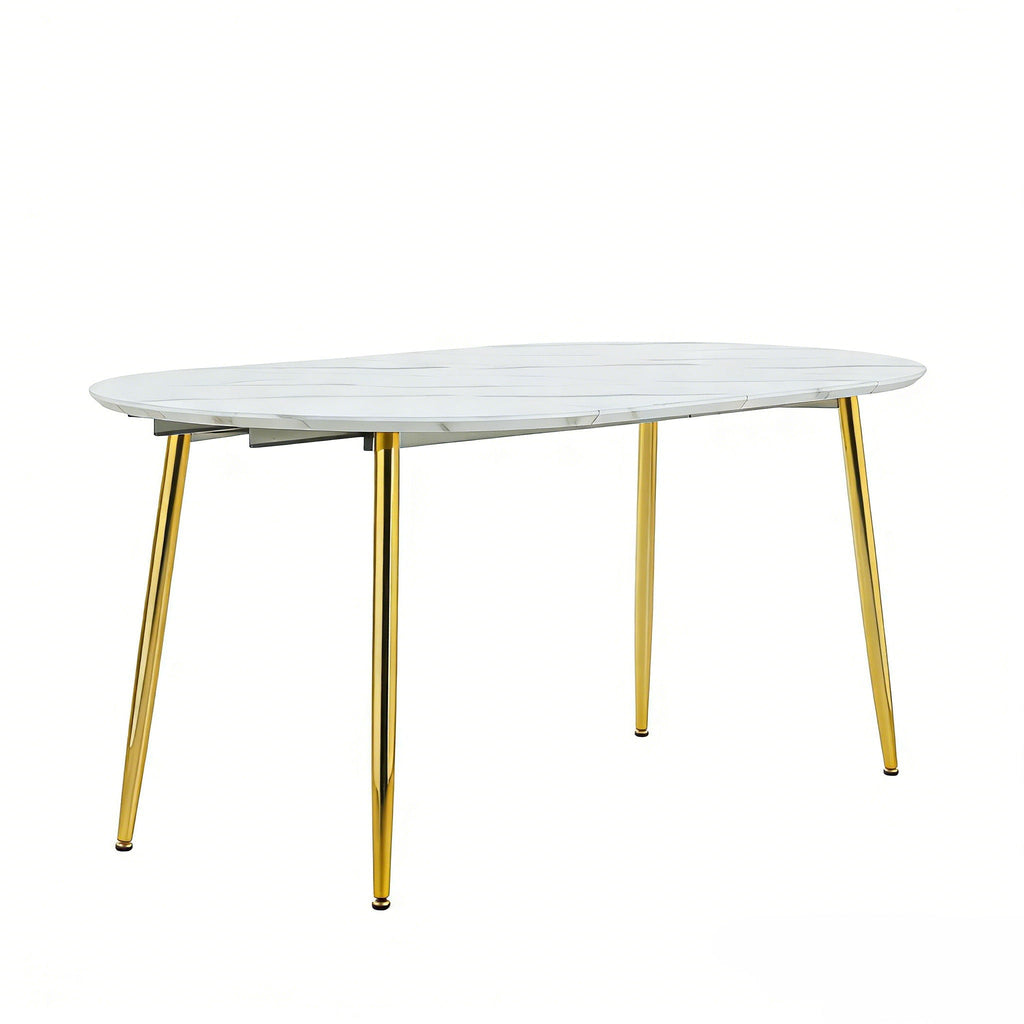 Extendable Oval Dining Table with Durable White Marble Top - White