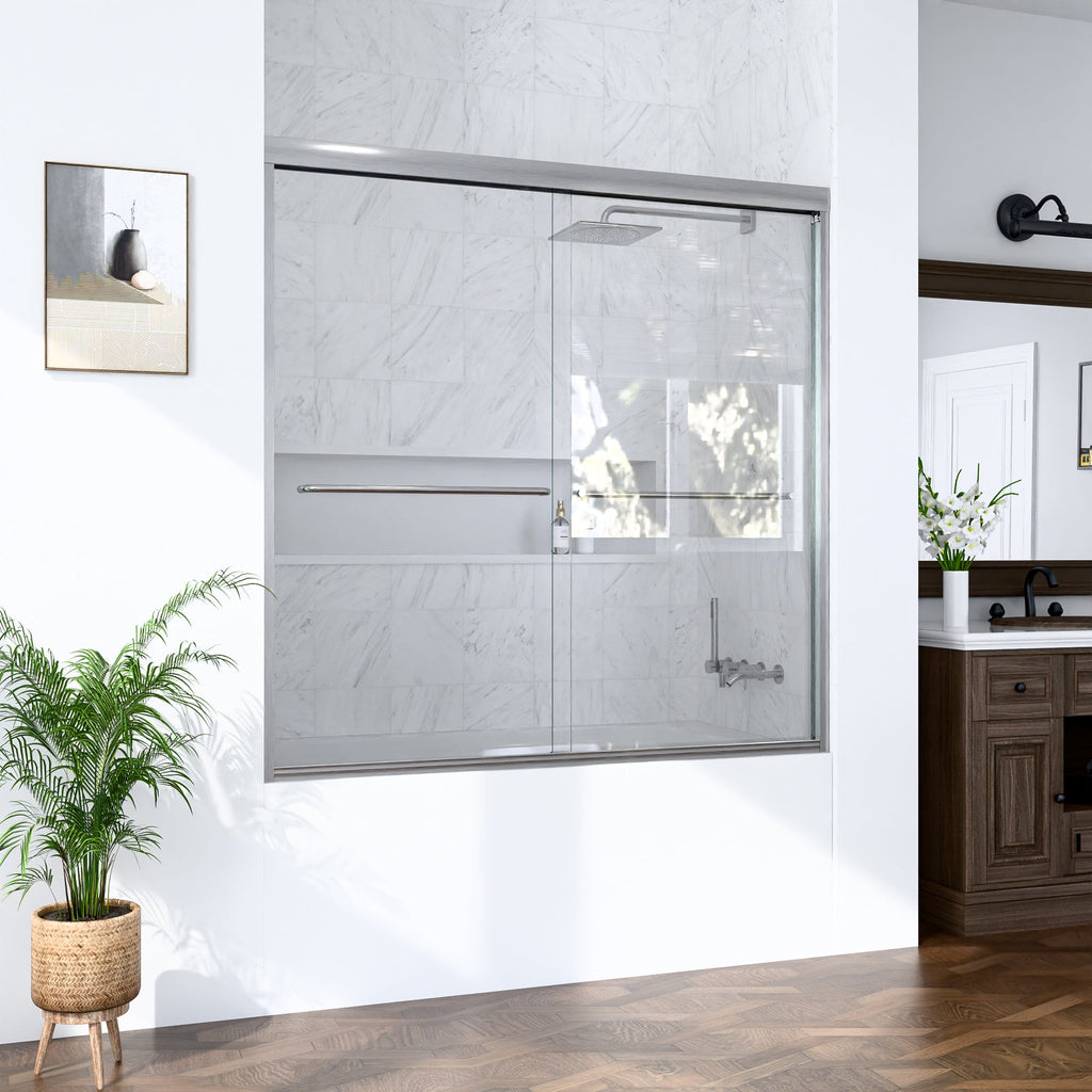 Semi-Frameless Double Sliding Shower Door with Smooth Stainless Steel Rollers - Brushed Nickel