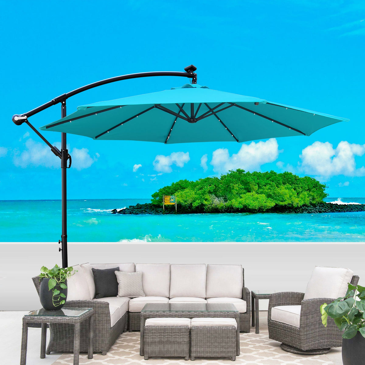 10 ft Outdoor Patio Umbrella with Solar LED Lighting - Turquoise