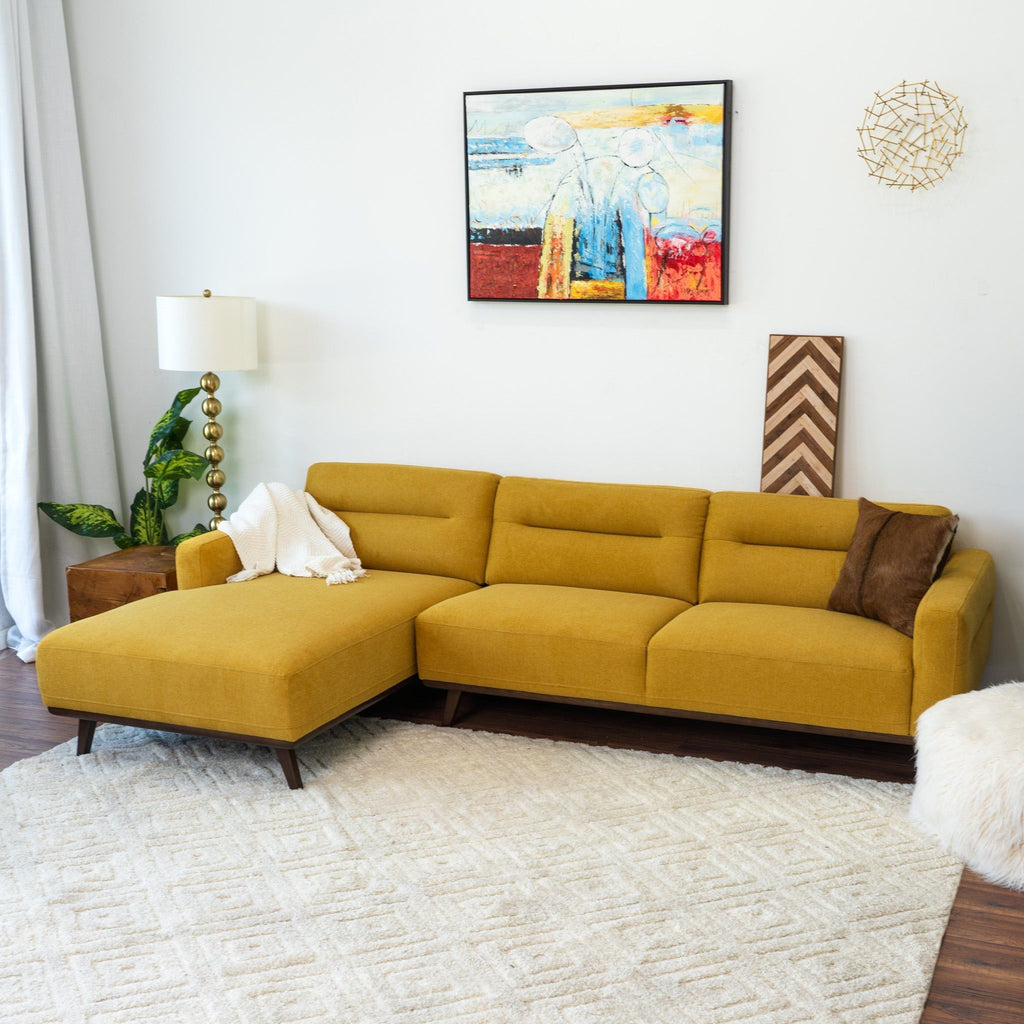 L-Shaped Sectional Couch with Solid Wood Frame and Vegan Upholstery - Yellow or Light Brown