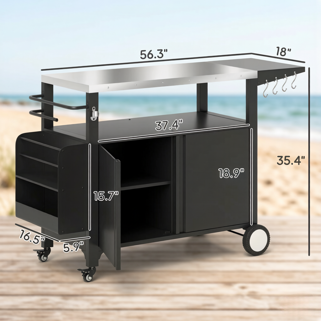 Stainless Steel Movable Kitchen Island with Foldable Side Table - Silver