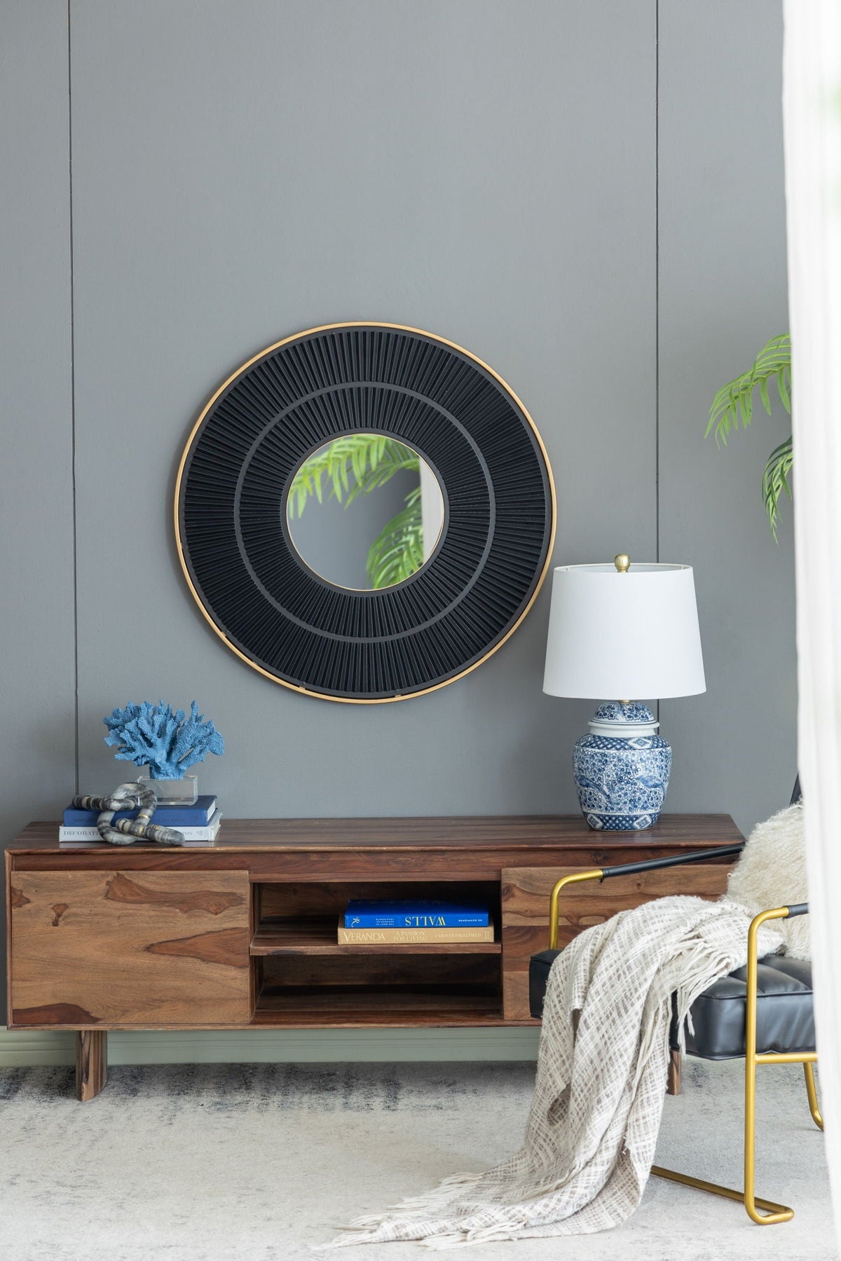 Round Wooden Wall Mirror with Iron Frame - Neutral Colorway