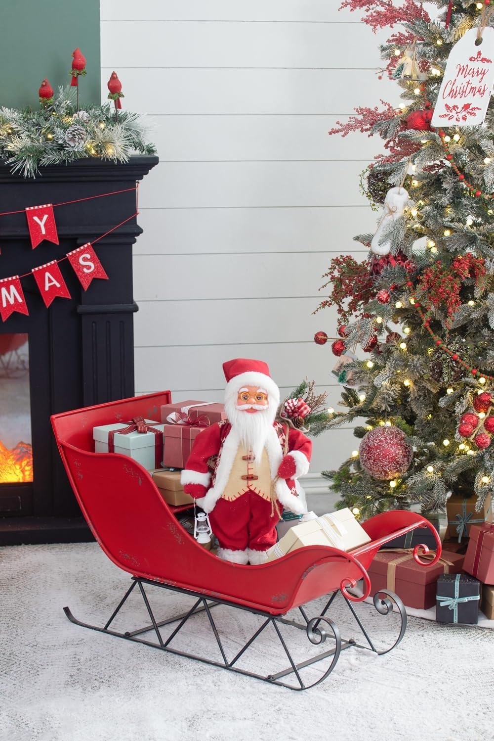 Red Iron Christmas Santa Sleigh Decoration with Durable Iron Construction