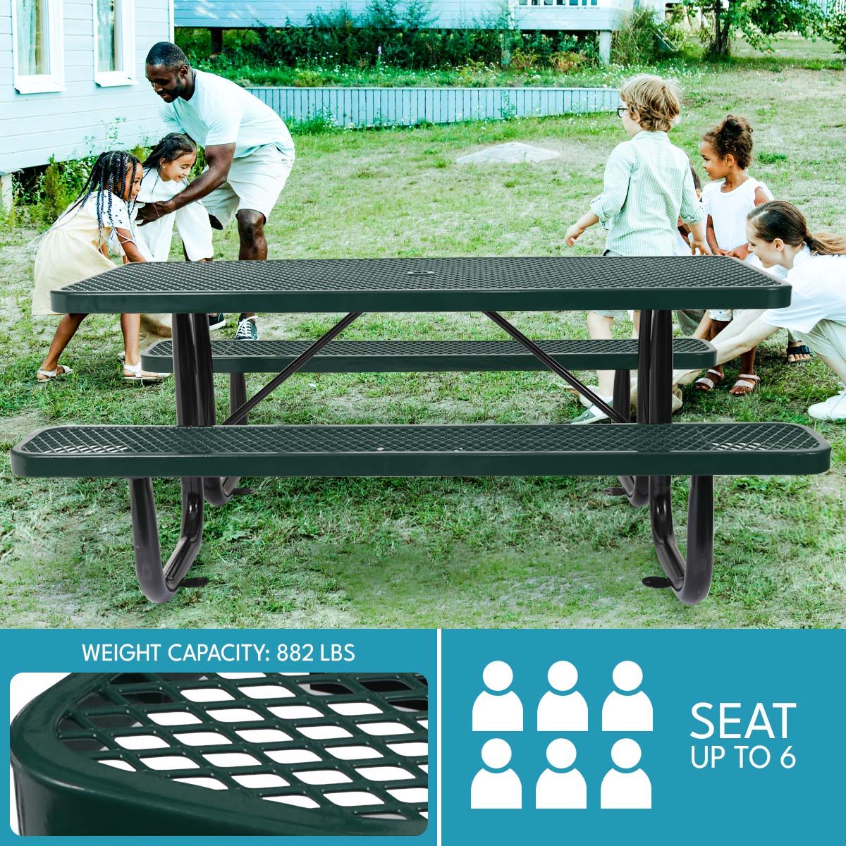 Outdoor Steel Picnic Rectangular Table with Umbrella Pole - Black, Blue, or Dark Green