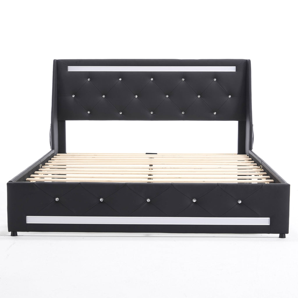 Wingback Upholstered Bed Frame with LED Lights and Charging Station - Black or White