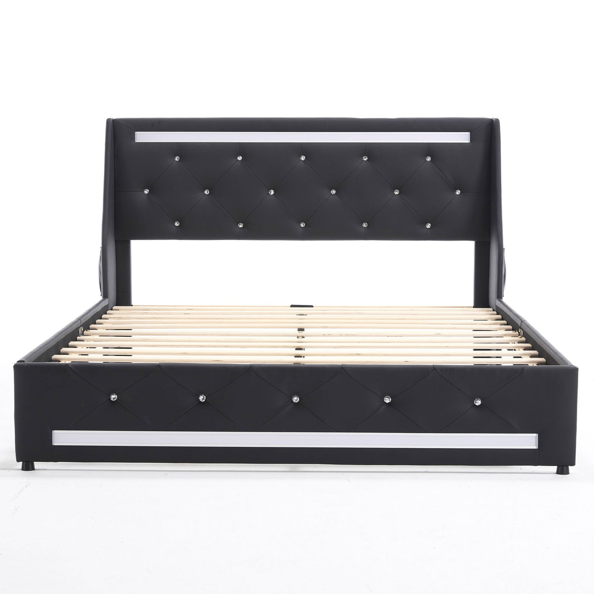 Wingback Upholstered Bed Frame with LED Lights and Charging Station - Black or White