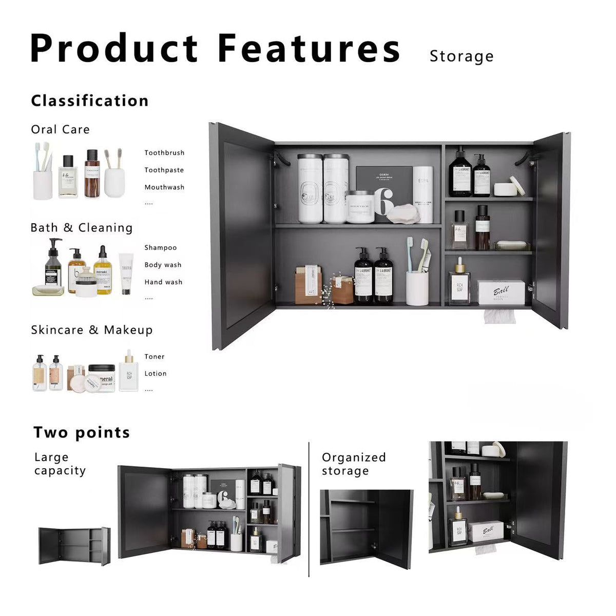 LED Bathroom Medicine Cabinet with Multi-Layer Storage - Aluminium