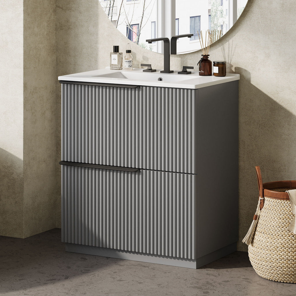 Fluted Bathroom Vanity with Ceramic Sink and Moisture-Proof Cabinet - 30" Wide