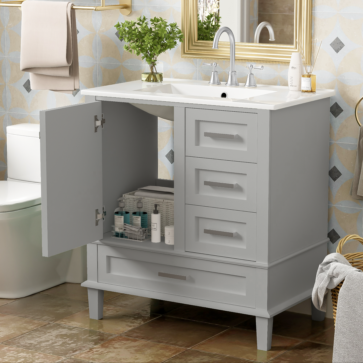 30" Bathroom Vanity with Sink Combo Set with Solid Wood Frame - Grey