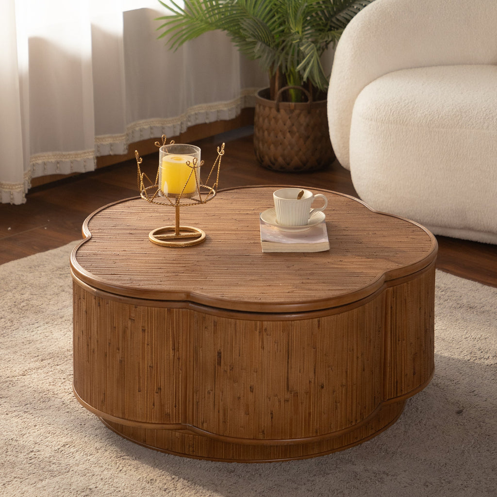 Flower-Shaped Rattan Coffee Table with Storage