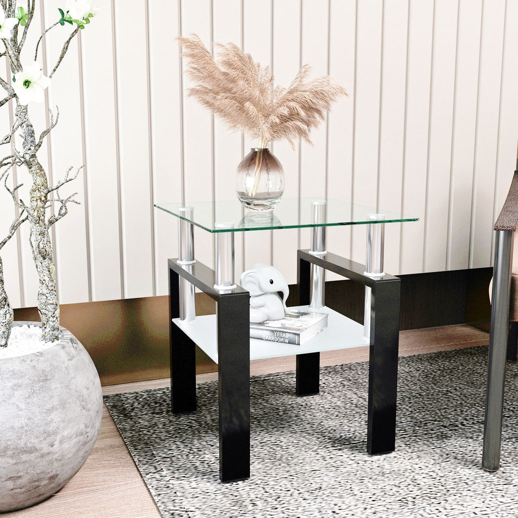 Modern Tempered Glass End Table with Metal Frame - Black or White