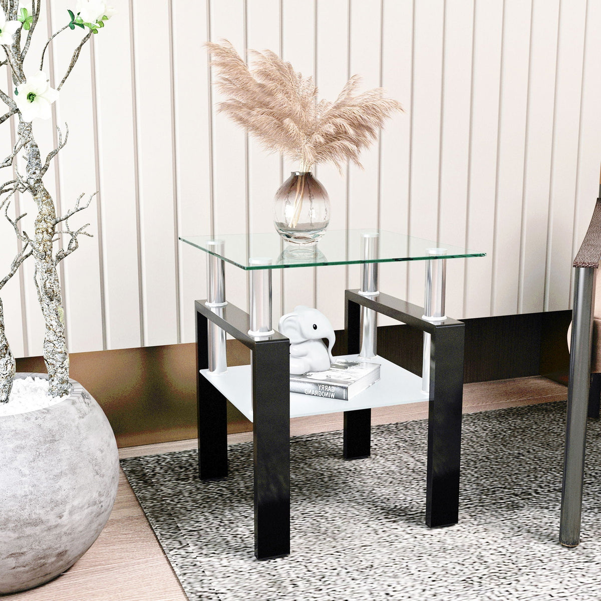 Modern Tempered Glass End Table with Metal Frame - Black or White