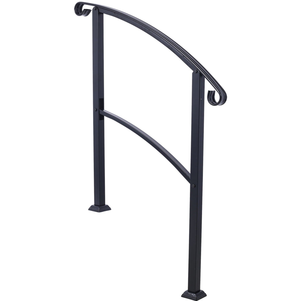 Black Wrought Iron Outdoor Step Handrail with Flexible Installation - Fits 1 to 3 Steps