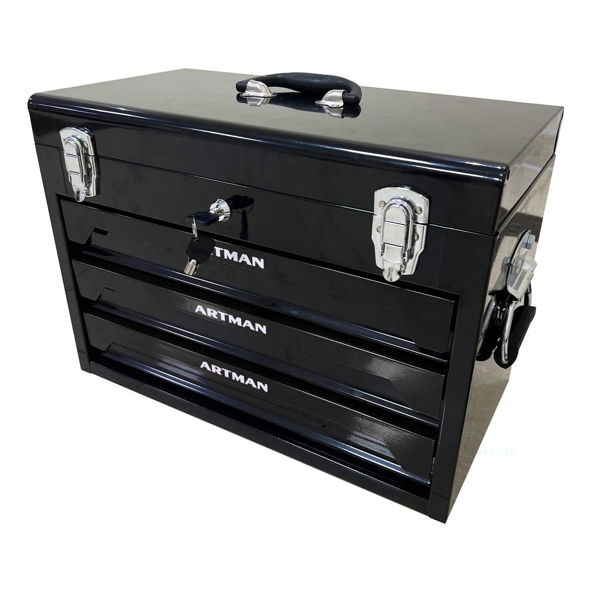 20'' Portable 3-Drawer Steel Toolbox with Top Storage Tray - Black