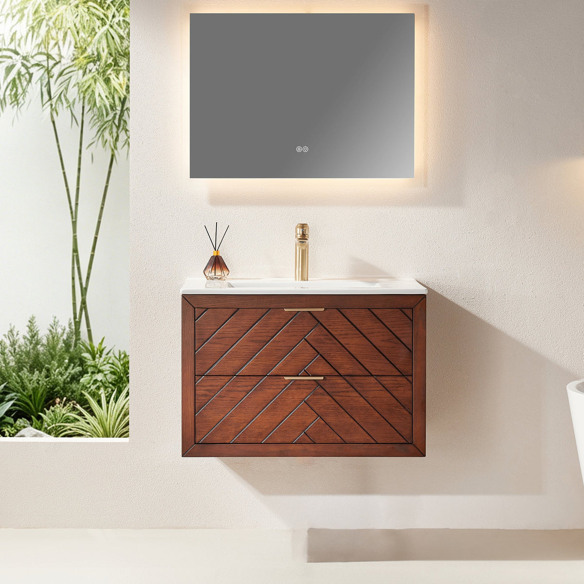 30" Floating Single Vanity Cabinet with Ceramic Top - Walnut